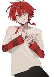Rule 34 | 1boy, black pants, braid, closed mouth, cuffs, facing viewer, grey background, haep0912, handcuffs, highres, long sleeves, looking down, maeno aki, male focus, off-shoulder shirt, off shoulder, pants, red eyes, red hair, red sleeves, red tank top, shirt, short hair with long locks, simple background, solo, striped sleeves, tank top, white shirt, zeno (game)