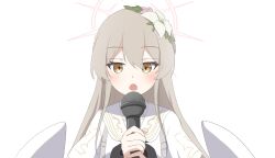 Rule 34 | 1girl, blue archive, blush, capelet, flower, hair between eyes, hair flower, hair ornament, halo, highres, holding, holding microphone, light brown hair, long hair, looking at viewer, microphone, nagisa (blue archive), open mouth, portrait, simple background, sketch, solo, utyuueituu, white background, white capelet, yellow eyes