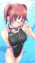Rule 34 | 1girl, adjusting eyewear, asics, breasts, brown hair, competition swimsuit, copyright request, covered erect nipples, covered navel, frown, glasses, goggles, kuri (kurigohan), medium breasts, navel, one-piece swimsuit, pool, poolside, purple eyes, red-framed eyewear, red hair, shiny clothes, short hair, short twintails, skin tight, solo, swimsuit, twintails, water