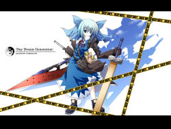 Rule 34 | advent cirno, araissu, blue dress, blue eyes, blue hair, bow, caution tape, circled 9, cirno, dress, fusion swords, hair bow, highres, keep out, keroro, keroro gunsou, large bow, letterboxed, parody, ribbon, shoes, short hair, solo, sword, touhou, weapon