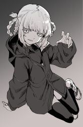 Rule 34 | 1girl, absurdres, braid, braided hair rings, commentary request, copyright request, eyebrows hidden by hair, full body, gradient background, grey background, greyscale, hair rings, hand up, head tilt, highres, hood, hood down, hooded jacket, jacket, long sleeves, looking at viewer, monochrome, nanakusa nazuna (yofukashi no uta), parted lips, puffy long sleeves, puffy sleeves, shoes, solo, thighhighs, twin braids, yamamoto souichirou, yofukashi no uta