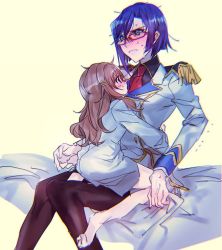 Rule 34 | 2girls, age difference, blush, couple, cowgirl position, epaulettes, face-to-face, girl on top, glasses, hattori masahiko, kenjou hibiki, long hair, looking at another, multiple girls, on person, onee-loli, pantyhose, red-framed eyewear, shigure kasumi, sitting, sitting on lap, sitting on person, size difference, spread legs, straddling, uniform, valkyrie drive, valkyrie drive -mermaid-, wife and wife, yuri