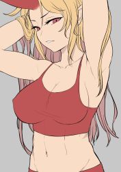 Rule 34 | 1girl, armpits, arms up, blonde hair, breasts, cleavage, collarbone, crop top, grey background, hands in hair, highres, horns, hoshiguma yuugi, large breasts, long hair, looking at viewer, marsen, navel, oni, parted bangs, parted lips, pointy ears, red eyes, simple background, single horn, solo, standing, tank top, touhou, upper body, v-shaped eyebrows