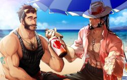 Rule 34 | 2boys, alternate costume, animal print, arm hair, bara, bare arms, beach, beard, biceps, black male swimwear, black tank top, chest hair, collaboration, couple, cowboy hat, facial hair, feet out of frame, flower, flower on head, graves (league of legends), hair slicked back, hairy, hand up, hat, holding, jewelry, karipaku, large pectorals, league of legends, long hair, male focus, male swimwear, mature male, multiple boys, muscular, muscular male, mustache, necklace, pectoral cleavage, pectorals, ppyong, print shirt, raised eyebrow, shirt, short hair, sidepec, sitting, smile, sunglasses, swim trunks, tank top, thick eyebrows, topless male, twisted fate, veins, veiny arms, yaoi, zebra print