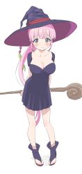 Rule 34 | 1girl, absurdres, black dress, black hat, blush, breasts, cleavage, collarbone, dress, earrings, female focus, full body, hat, highres, jewelry, kazairo kotone, large breasts, long hair, looking at viewer, pink hair, ponytail, rpg fudousan, sandals, simple background, sincos, smile, solo, staff, white background, witch, witch hat