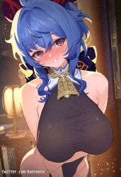 Rule 34 | 1girl, absurdres, artist name, bantomin, bare shoulders, bell, black leotard, blue hair, blush, bow, breasts, ganyu (genshin impact), genshin impact, highres, lamp, large breasts, leotard, long hair, looking at viewer, neck bell, nose blush, purple eyes, sidelocks, solo, upper body