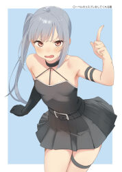 Rule 34 | 1girl, armband, belt, black armband, black belt, black choker, black dress, black gloves, blush, breasts, choker, collarbone, cosplay, cowboy shot, dress, duplicate, elbow gloves, from above, gloves, grey hair, hand up, kantai collection, kasumi (kancolle), long hair, looking at viewer, open mouth, pointing, red eyes, sakieko, short dress, side ponytail, simple background, single elbow glove, single glove, single sidelock, small breasts, solo, sousou no frieren, standing, strapless, strapless dress, sweat, thighs, ubel (sousou no frieren), ubel (sousou no frieren) (cosplay), white background