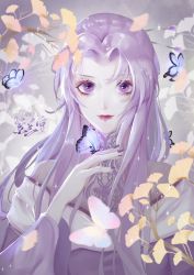 Rule 34 | 1girl, artist request, branch, bug, butterfly, dress, grey background, hair ornament, hairpin, hand up, highres, insect, leaf, long sleeves, looking at viewer, nail polish, portrait, purple dress, purple eyes, purple nails, qinshi mingyue, second-party source, smile, solo, sparkle, upper body, zi nu (qin shi ming yue)