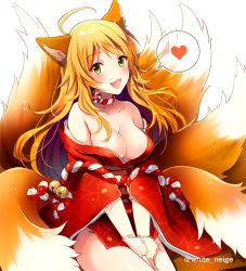 Rule 34 | 1girl, ahoge, animal ears, blonde hair, blush, breasts, choker, cleavage, collarbone, commentary request, fang, female focus, fox ears, fox tail, green eyes, heart, hoshii miki, idolmaster, idolmaster (classic), japanese clothes, kimono, large breasts, long hair, multiple tails, off shoulder, open mouth, serino itsuki, smile, solo, spoken heart, tail