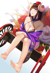 Rule 34 | 1girl, absurdres, azur lane, bare shoulders, barefoot, breasts, brown hair, cleavage, collarbone, commentary request, curled horns, dutch angle, feet, flower, full body, hair flower, hair ornament, highres, horns, japanese clothes, kimono, kojo (0124), long hair, medium breasts, on bench, open mouth, purple eyes, revision, rickshaw, sitting, smile, soles, solo, suruga (azur lane), suruga (hundred flower&#039;s auspice) (azur lane), toes