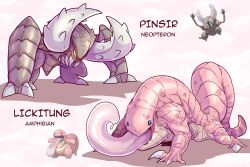 Rule 34 | claws, creatures (company), game freak, gen 1 pokemon, highres, horns, lickitung, lluisabadias, monster, monster hunter (series), nintendo, no humans, open mouth, pinsir, pokemon, pokemon (creature), tongue, tongue out