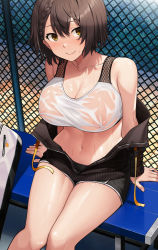 Rule 34 | 1girl, absurdres, azur lane, baltimore (azur lane), baltimore (black ace) (azur lane), bare shoulders, black jacket, black shorts, blush, braid, breasts, brown eyes, brown hair, chain-link fence, cleavage, fence, hair between eyes, highres, jacket, large areolae, large breasts, looking at viewer, motono (sakamotono), navel, nipples, off-shoulder jacket, off shoulder, see-through, short hair, short shorts, shorts, sitting, skirt, smile, solo, sports bra, sweatdrop, wet bra, white sports bra