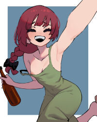 Rule 34 | 1girl, :d, alcohol, areola slip, blue background, blush, bocchi the rock!, bottle, braid, breasts, cleavage, closed eyes, collarbone, dayo34, dress, drunk, foreshortening, green dress, hair over shoulder, highres, hiroi kikuri, holding, holding bottle, low-braided long hair, low-tied long hair, medium breasts, nipple slip, nipples, no nose, off shoulder, open mouth, outstretched arm, purple hair, reaching, reaching towards viewer, sharp teeth, single braid, smile, solo, strap slip, teeth, thighs