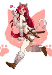 Rule 34 | 1girl, animal ears, blush, breasts, cat ears, cat tail, elbow gloves, full body, gloves, green eyes, katarina (league of legends), kitty cat katarina, league of legends, lolboja, long hair, medium breasts, red hair, tail, thigh strap, weapon