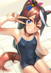 Rule 34 | 1girl, animal ears, bare arms, bare shoulders, blue eyes, blue one-piece swimsuit, blush, breasts, brown hair, child, collarbone, commentary request, hair flaps, highres, horse ears, horse girl, horse tail, long hair, multicolored hair, one-piece swimsuit, open mouth, ponytail, poolside, school swimsuit, shiden (sashimi no wife), small breasts, smile, solo, streaked hair, swimsuit, tail, tokai teio (umamusume), two-tone hair, umamusume, v, white hair