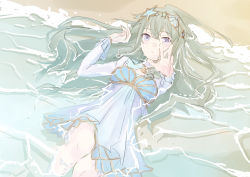 Rule 34 | 1girl, absurdres, artist request, bare legs, beach, dress, green hair, hair ornament, highres, jewelry, kusanagi nene, long hair, long sleeves, lying, mermaid ni akogarete (project sekai), necklace, on back, outstretched hand, partially submerged, pearl hair ornament, project sekai, purple eyes, scales, see-through, see-through sleeves, shell, shell hair ornament, shell necklace, solo, star (symbol), star hair ornament, water, waves, white dress