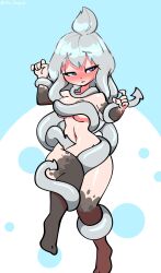 Rule 34 | 1girl, ahoge, between thighs, blue eyes, blush, bodypaint, chumu (teuthidan), commission, commissioner upload, consensual tentacles, convenient censoring, grey hair, highres, jek korpen, looking at viewer, navel, original, solo, tentacle hair, tentacles, thighhighs
