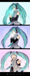 Rule 34 | 1girl, 3koma, ^ ^, blue hair, blue nails, closed eyes, comic, detached sleeves, closed eyes, happy, hatsune miku, headphones, heart, highres, long hair, nail polish, necktie, own hands clasped, own hands together, smile, tama (songe), twintails, vocaloid