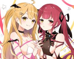 Rule 34 | 2girls, absurdres, ahoge, anbasa (amaneyuz13), bikini, black choker, black neckwear, black ribbon, blonde hair, blush, bodystocking, bow, bowtie, breast press, breasts, choker, cleavage, closed mouth, commentary, drill hair, fang, hair ornament, hair ribbon, hairclip, head wings, heterochromia, highres, holding hands, hololive, houshou marine, interlocked fingers, large breasts, leotard, lips, long hair, looking at viewer, multiple girls, nail polish, pink nails, pink ribbon, puckered lips, red eyes, red hair, red ribbon, ribbon, see-through, see-through leotard, side drill, sideboob, simple background, skin fang, skin tight, smile, star (symbol), star choker, straight hair, string bikini, swimsuit, symmetrical docking, twintails, two side up, upper body, virtual youtuber, white background, white bikini, wings, yellow eyes, yozora mel