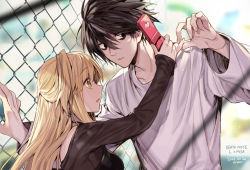 Rule 34 | 1boy, 1girl, amane misa, artist name, black eyes, black hair, black shirt, blonde hair, brown eyes, cellphone, chain-link fence, character name, copyright name, dated, death note, empew, fence, flip phone, hair between eyes, holding, holding phone, l (death note), long hair, looking at another, open mouth, parted lips, phone, shirt, t-shirt, white shirt