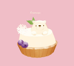 Rule 34 | :3, animal, animal focus, bear, blueberry, chai (drawingchisanne), closed mouth, commentary, dessert, english text, food, food focus, fruit, mint, no humans, original, pastry, pink background, polar bear, signature, simple background, snowflakes, solo, tart (food)