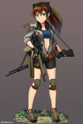 Rule 34 | 1girl, ahoge, ar-15, belt, bike shorts, black bow, black shorts, bow, breasts, brown background, brown footwear, cleavage, closed mouth, ear protection, faux figurine, fingerless gloves, full body, gloves, grass, green eyes, green gloves, grey jacket, gun, gun sling, hair bow, highres, jacket, knee pads, legs apart, long hair, medium breasts, navel, ndtwofives, original, partially unzipped, ponytail, rifle, shoes, shorts, shotgun, simple background, sleeves past elbows, sleeves pushed up, smile, solo, sports bra, standing, twitter username, v-shaped eyebrows, weapon, zipper