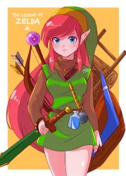 Rule 34 | 1girl, arrow (projectile), belt, blue eyes, blush, bomb, book, boomerang, border, bottle, bow (weapon), breasts, brown belt, brown sleeves, commentary, dot nose, elf, english commentary, explosive, eyebrows hidden by hair, floating hair, flute, genderswap, genderswap (mtf), green hat, green tunic, hat, high collar, highres, holding, instrument, jewelry, key, key necklace, ladder, link (shounen captain), long bangs, long hair, long sleeves, looking at viewer, medium breasts, necklace, nintendo, nonoworks, pink hair, pointy ears, raft, serious, shield, shiny skin, sidelocks, signature, simple background, solo, staff, standing, swept bangs, sword, the legend of zelda, the legend of zelda (nes), thighs, triforce, tunic, turtleneck, v-shaped eyebrows, very long hair, water bottle, watermark, weapon, white border, wooden shield, yellow background