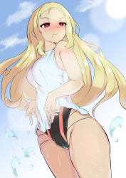 Rule 34 | 1girl, bare legs, bare shoulders, blonde hair, blush, breasts, cameltoe, clothes lift, covered erect nipples, highres, legs together, long hair, mole, mole under mouth, red eyes, senran kagura, shiki (senran kagura), shirt, shirt lift, sleeveless, sleeveless shirt, swimsuit, swimsuit under clothes, thick thighs, thighs, wet, wet clothes, wet swimsuit
