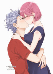 Rule 34 | 1boy, 1girl, arms around waist, artist name, blue dress, blush, bob cut, breasts, closed eyes, collared shirt, couple, dated, dress, earrings, grey hair, hair between eyes, hand on another&#039;s shoulder, hetero, highres, jewelry, kiss, krudears, medium breasts, pink hair, protagonist (tokimemo gs3), red eyes, red shirt, shirt, shitara seiji, short hair, short sleeves, sleeveless, sleeveless dress, squeezing, tokimeki memorial, tokimeki memorial girl&#039;s side 3rd story, twitter username, upper body, white background