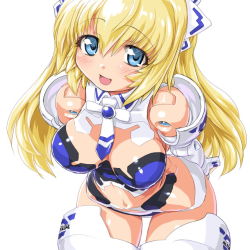 Rule 34 | 10s, 1girl, :d, altrene, arms behind back, bad id, bad pixiv id, bare shoulders, blonde hair, blue eyes, blush, breasts, busou shinki, cleavage, dd (ijigendd), doll joints, joints, leaning forward, long hair, looking at viewer, navel, open mouth, simple background, smile, solo, thighhighs, white background