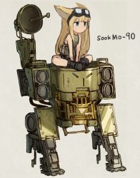 Rule 34 | 1girl, blonde hair, blue eyes, copyright request, expressionless, goggles, goggles on head, grey background, highres, long hair, machine, satellite dish, simple background, sitting, sleeveless, solo, sookmo