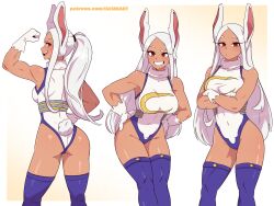 Rule 34 | 1girl, absurdres, animal ears, arm up, artist name, ass, bare shoulders, blue thighhighs, boku no hero academia, border, breasts, crescent print, crossed arms, dark-skinned female, dark skin, dashi (dashiart), feet out of frame, flexing, gloves, grin, groin, hands on own hips, heattech leotard, highleg, highleg leotard, highres, large breasts, leotard, long eyelashes, long hair, looking at viewer, mirko, multiple views, open mouth, outside border, patreon username, ponytail, rabbit ears, rabbit girl, rabbit tail, red eyes, sleeveless turtleneck leotard, smile, standing, tail, thighhighs, toned, turtleneck, watermark, web address, white border, white gloves, white hair, white leotard