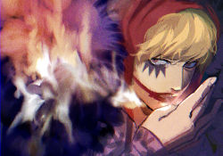 Rule 34 | 1boy, blonde hair, brown eyes, burnt clothes, cigarette, coat, curly hair, donquixote rocinante, fire, fur coat, hat, long sleeves, looking at viewer, makeup, male focus, one piece, santa65, short hair, smoking, solo