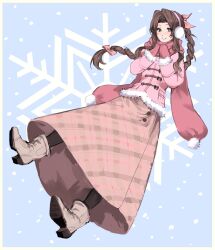 Rule 34 | 1girl, aerith gainsborough, black pantyhose, blue background, boots, border, bow, braid, braided ponytail, brown hair, coat, dress, earmuffs, final fantasy, final fantasy vii, final fantasy vii remake, floating, full body, fur-trimmed coat, fur trim, green eyes, grey footwear, hair bow, hair ribbon, hands on own chest, highres, kivavis, light blush, long dress, long hair, long sleeves, looking at viewer, mittens, own hands together, pantyhose, parted bangs, parted lips, pink bow, pink coat, pink mittens, pink ribbon, pink scarf, plaid, plaid dress, pom pom (clothes), ribbon, scarf, sidelocks, smile, snow, snowflake background, solo, teeth, wavy hair, white border, winter, winter clothes, winter coat