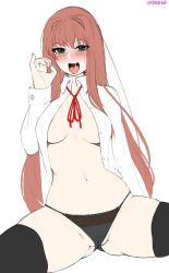 Rule 34 | 1girl, :d, black panties, black thighhighs, blush, breasts, brown hair, cameltoe, collared shirt, commentary request, doki doki literature club, fellatio gesture, fingernails, green eyes, hair intakes, highres, large breasts, long hair, long sleeves, looking at viewer, monika (doki doki literature club), navel, neck ribbon, no bra, open mouth, otxoa60, panties, red ribbon, ribbon, saliva, shirt, simple background, sketch, smile, solo, spread legs, thighhighs, tongue, tongue out, underwear, very long hair, white background, white shirt, wing collar
