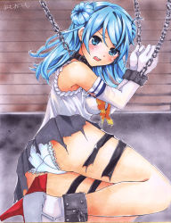 Rule 34 | 10s, 1girl, artist name, ass, bad id, bad pixiv id, bdsm, blue eyes, blue hair, blush, bondage, bound, chain, chained, collar, cuffs, double bun, elbow gloves, gloves, hair bun, high heels, highres, kantai collection, matching hair/eyes, omoomomo, open mouth, panties, restrained, skirt, sleeves rolled up, solo, teardrop, tears, torn clothes, torn skirt, underwear, urakaze (kancolle), white gloves, white panties