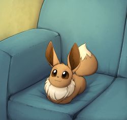 Rule 34 | :3, brown eyes, cat loaf, couch, creatures (company), eevee, fluffy, game freak, gen 1 pokemon, highres, lying, mane, nintendo, no humans, on couch, otakuap, pokemon, pokemon (creature), smile, solo, tail