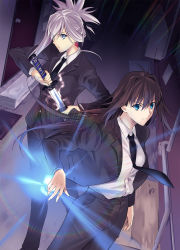 Rule 34 | 2girls, alternate costume, aozaki aoko, aqua eyes, black necktie, black ribbon, blue eyes, brown hair, brown pants, brown suit, closed mouth, collared shirt, commentary request, commission, earrings, fate/grand order, fate (series), feet out of frame, floating hair, formal, glowing, glowing sword, glowing weapon, grey hair, hair between eyes, hair intakes, hair ribbon, highres, holding, holding sword, holding weapon, jewelry, katana, long hair, long sleeves, looking at viewer, magic, mahou tsukai no yoru, miyamoto musashi (fate), multiple girls, necktie, open clothes, pants, pixiv commission, pocket, ponytail, ribbon, serious, sheath, sheathed, shirt, single sidelock, suit, swept bangs, sword, takai isshiki, very long hair, weapon, white shirt