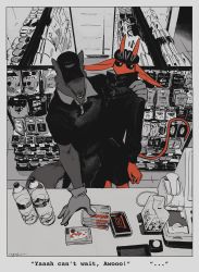 Rule 34 | ..., 2boys, animal ears, baseball cap, bicycle helmet, black hat, black jacket, black pants, black sclera, black shirt, body fur, bottle, collared shirt, colored sclera, colored skin, commentary, convenience store, demon boy, demon horns, english text, fangs, furry, furry male, gloves, grey fur, grey gloves, hand on another&#039;s shoulder, hat, helmet, high collar, highres, horns, indoors, jacket, long sleeves, looking to the side, male focus, multiple boys, nagabe, no mouth, open mouth, original, pants, red skin, shirt, shop, short sleeves, solo, spot color, symbol-only commentary, tail, upper body, water bottle, white eyes, wolf boy, wolf ears, wolf tail