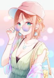 Rule 34 | 1girl, baseball cap, blonde hair, blue bag, blue eyes, blue nails, blush, bracelet, breasts, earrings, hair ornament, hat, highres, jewelry, long hair, looking at viewer, nail polish, necklace, original, short hair, simple background, solo, tadano yukiko, white background