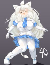 Rule 34 | 1girl, ahoge, animal ear fluff, animal ears, blue bow, blue necktie, blush, boots, bow, breasts, closed eyes, commentary request, elbow gloves, footwear bow, full body, fur collar, gloves, highres, kemono friends, large breasts, leaning back, lets0020, lion ears, lion girl, lion tail, long hair, medium bangs, miniskirt, necktie, numbered, open mouth, pantyhose, plaid, plaid necktie, plaid skirt, shirt, short sleeves, simple background, skirt, solo, standing, tail, very long hair, white footwear, white gloves, white hair, white lion (kemono friends), white pantyhose, white shirt