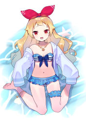 Rule 34 | 1girl, anchor necklace, anchor symbol, anklet, azur lane, barefoot, bikini, blonde hair, blue ribbon, clothes pull, commission, hair ornament, highres, jenkins (azur lane), jewelry, lace, lace-trimmed swimsuit, lace trim, long hair, looking at viewer, navel, necklace, one-piece swimsuit pull, red eyes, red ribbon, ribbon, seiza, sitting, skeb commission, sleeves past fingers, sleeves past wrists, smile, solo, star ornament, starfish, striped bikini, striped clothes, swimsuit, thigh strap, thighs, water, wavy hair, zenshin
