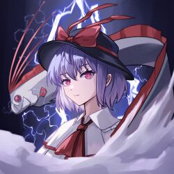 Rule 34 | 1girl, bow, capelet, chunjiu, closed mouth, commentary request, electricity, expressionless, fish, hat, hat bow, highres, looking at viewer, nagae iku, oarfish, pink eyes, purple hair, red bow, short hair, solo, touhou, white capelet