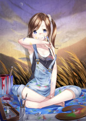 Rule 34 | 1girl, armpits, art brush, bare shoulders, barefoot, blanket, blue eyes, brown hair, collarbone, dirty, dirty feet, feet, grin, indian style, long hair, original, overalls, paint, paint can, paintbrush, side ponytail, sitting, smile, solo, unowen