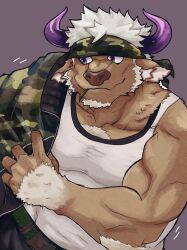 Rule 34 | 1boy, animal ears, bara, belt, brown fur, camouflage, camouflage headwear, camouflage jacket, chest hair, commentary, cow ears, cow horns, dressing, facial hair, furry, furry male, goatee, headband, highres, horns, jacket, leaf, looking to the side, male focus, minotaur, motion lines, mouth hold, muscular, muscular male, purple background, purple eyes, purple horns, ryo (mktsm21), shennong (housamo), short hair, simple background, solo, stalk in mouth, symbol-only commentary, tank top, tokyo houkago summoners, upper body, white hair, white tank top