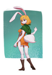 1girl absurdres animal_ears blonde_hair boots breasts capelet carrot_(one_piece) from_behind furry furry_female green_capelet highres looking_at_viewer one_piece rabbit_ears rabbit_girl rabbit_tail red_eyes short_hair solo tail white_fur zeker_art