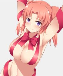 Rule 34 | 1girl, armpits, arms up, blush, bow, breasts, cleavage, closed mouth, commentary request, dou-t, highres, large breasts, looking at viewer, mikakunin de shinkoukei, naked ribbon, navel, purple eyes, red bow, red ribbon, ribbon, short hair, simple background, solo, sweat, twintails, yonomori kobeni