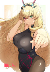 Rule 34 | 1girl, arata (noneetyesnito), bare shoulders, black dress, blonde hair, breasts, brown pantyhose, dress, barghest (fate), barghest (second ascension) (fate), fate/grand order, fate (series), green eyes, heterochromia, highres, horns, large breasts, long hair, looking at viewer, outstretched arm, pantyhose, pelvic curtain, red eyes, sideboob, smile, solo
