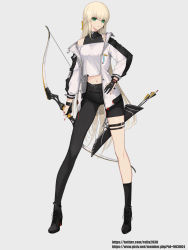 Rule 34 | 1girl, ankle boots, ankle strap, anklet, arrow (projectile), asymmetrical clothes, bare shoulders, blonde hair, boots, bow (weapon), commentary, cross-laced footwear, earrings, elf, full body, green eyes, grey background, hair ribbon, hand on own hip, high heel boots, high heels, highres, jacket, jewelry, lace-up boots, long hair, looking at viewer, midriff, nail polish, navel, off shoulder, original, parted lips, pointy ears, quiver, ribbon, rikui (rella2930), single pantsleg, solo, thigh strap, weapon