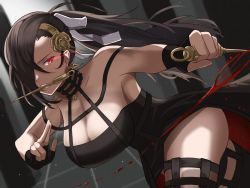 Rule 34 | ass, bare shoulders, black dress, black hair, black thighhighs, blood, breasts, cosplay, dagger, dress, earrings, fingerless gloves, fire emblem, fire emblem fates, gloves, glowing, glowing eye, gold earrings, gold hairband, hair over one eye, hairband, holding, holding dagger, holding knife, holding weapon, jewelry, kagero (fire emblem), knife, large breasts, mouth hold, ninja, nintendo, peli cantaro, ponytail, reverse grip, spy x family, stiletto (weapon), thighhighs, two-sided dress, two-sided fabric, weapon, yor briar, yor briar (cosplay)